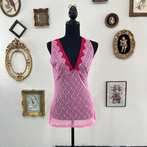 Vintage Y2K Victoria's Secret Pink Lace Floral Tank Top with Red Trim